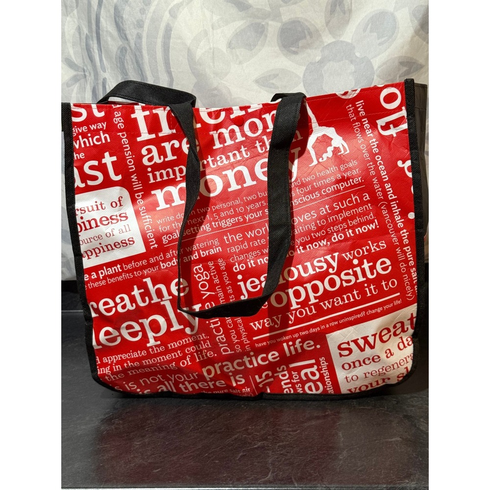 lululemon Reusable Shopping Tote Bag Medium 15"‎ x 14" Red Black Manifesto Snap